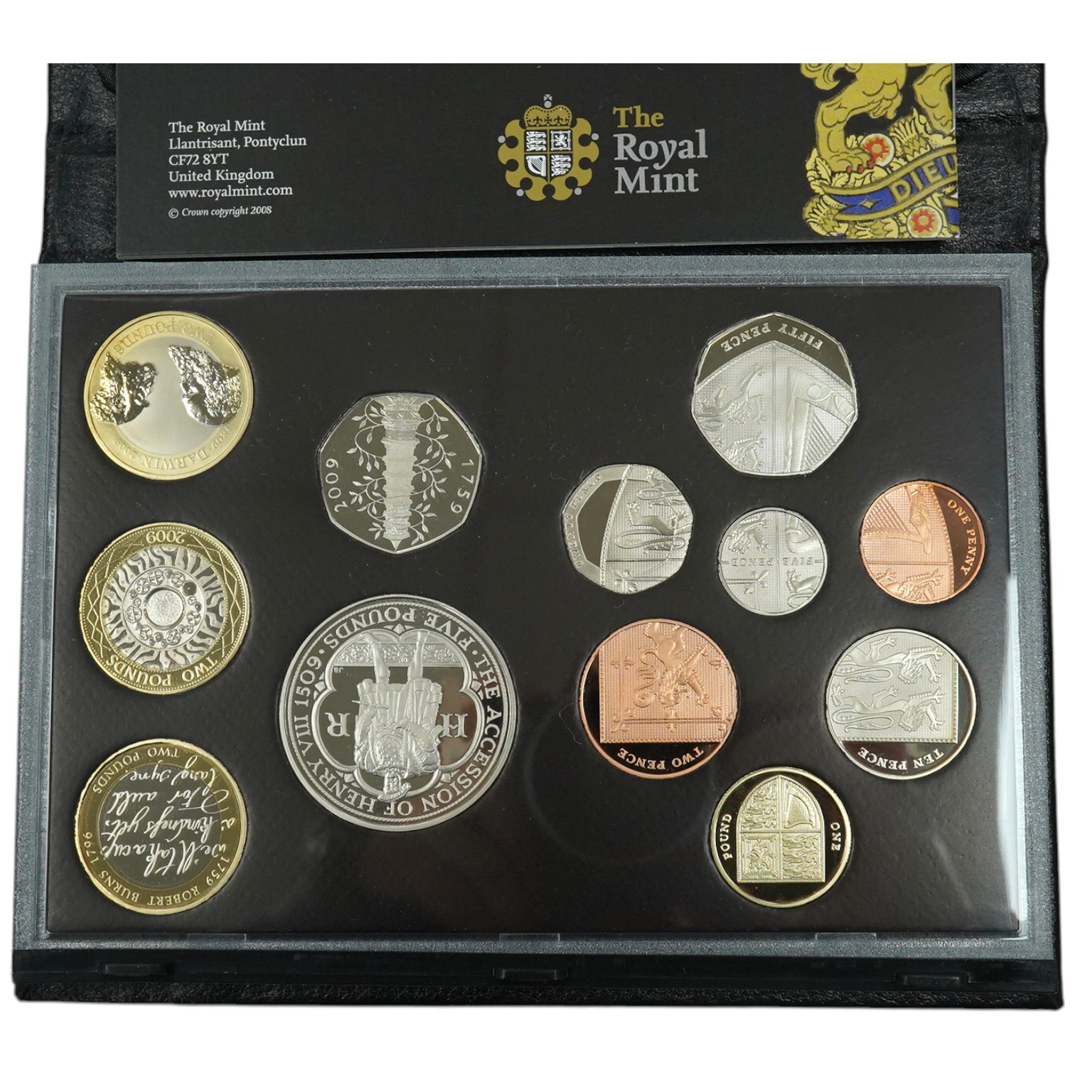 Royal Mint UK 2009 proof coin set, including the scarce Kew Gardens 50p, in case of issue with certificate